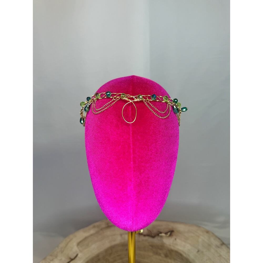 Gold Chain Headpiece with Green and Blue Gem Details
